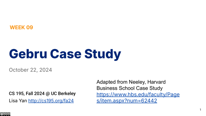 Title slide of the CS 195 Gebru case study lecture