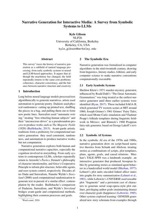 First page of the narrative generation survey